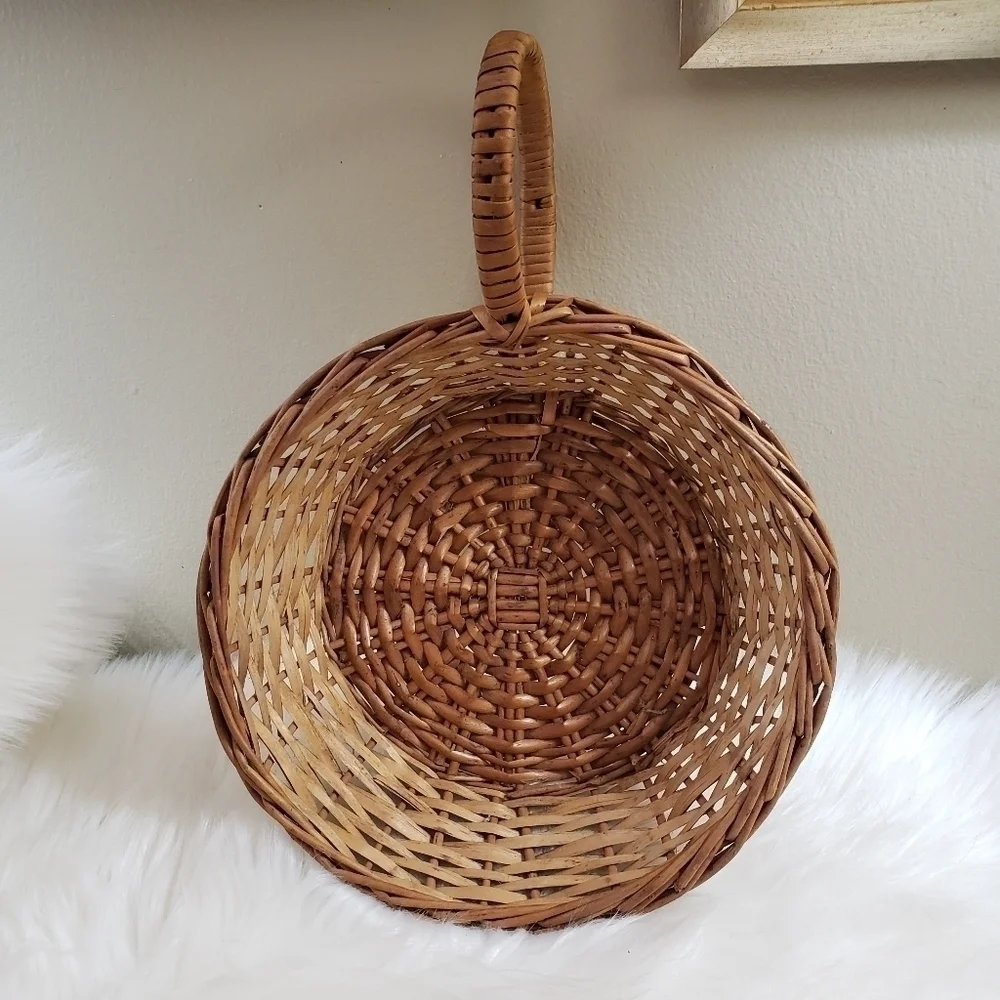 Rattan wicker basket side handle boho wall art